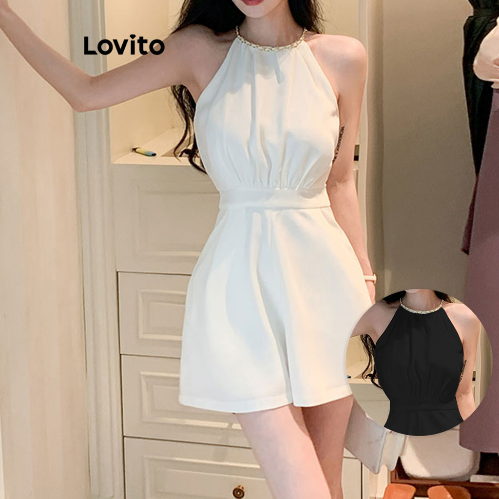 Lovito Macacão Elegante De Metal Básico Verão/Primavera Para Mulheres LNE30044 (Branco) - Women Clothes