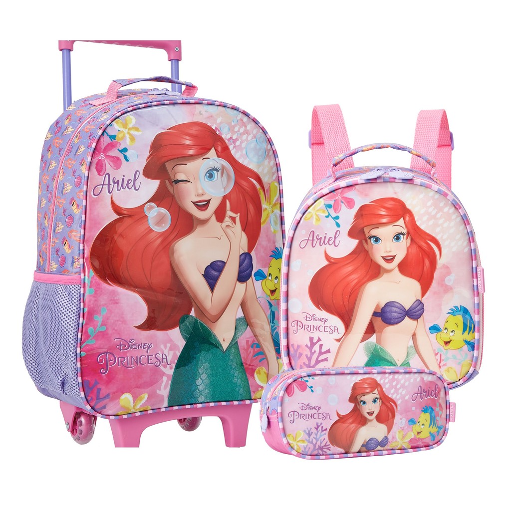 Kit Escolar Pequena Sereia Ariel Mochila com Rodinhas 16", Lancheira e Estojo Xeryus - Baby & Kids Fashion