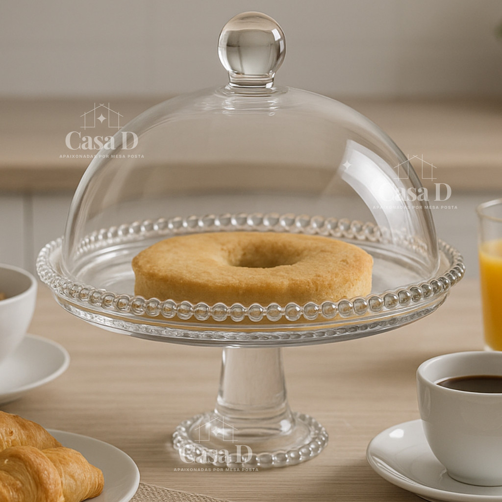 Prato de Cristal Porta Bolo Boleira Queijeira Suporte Doces com Pé e Tampa Pearl Bolinhas ...