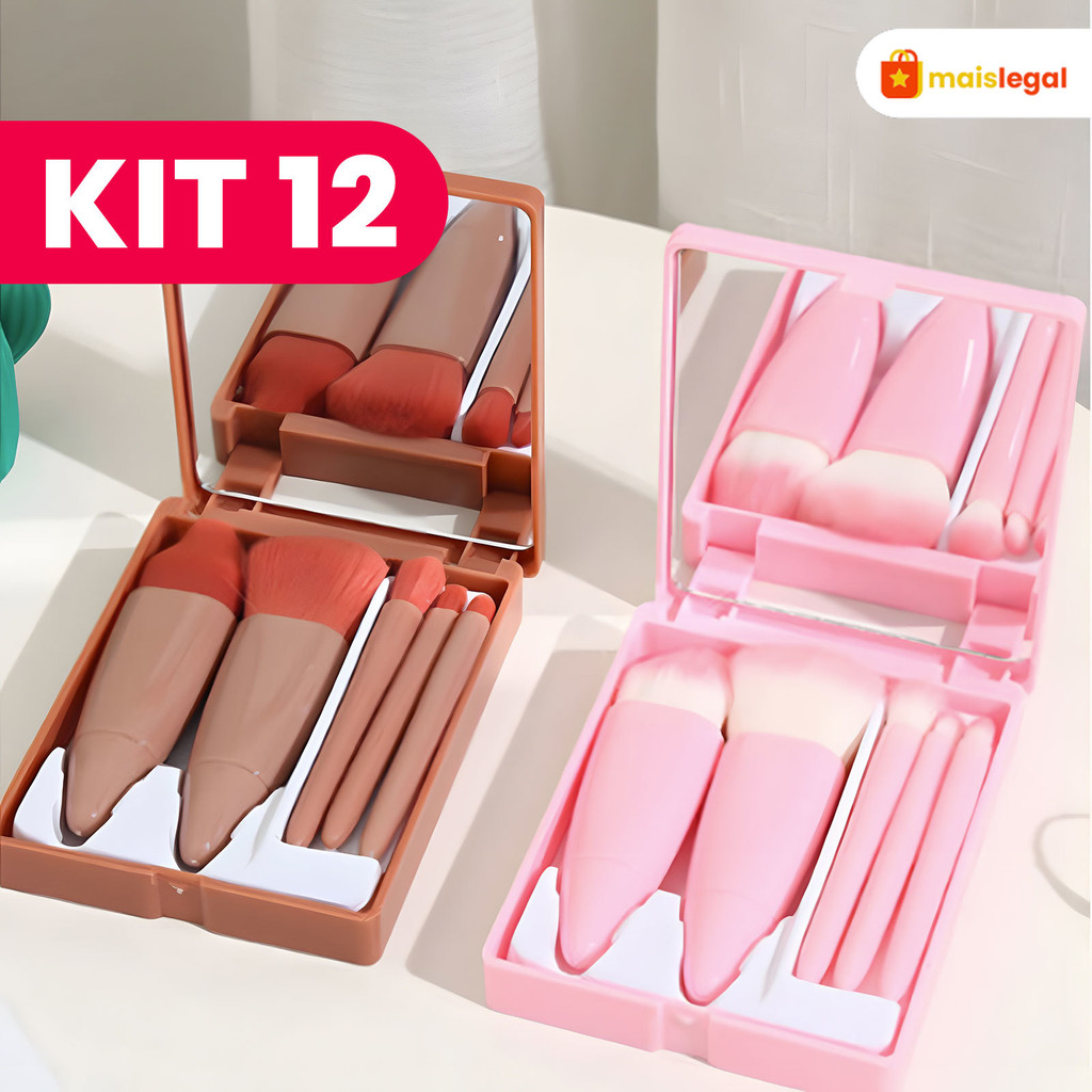 KIT 12 unidades Mini Espelho De Maquiagem Portátil Com 5 Pcs Pincéis Lupa De Maquiagem Mão Segurar Bolso Dobrável