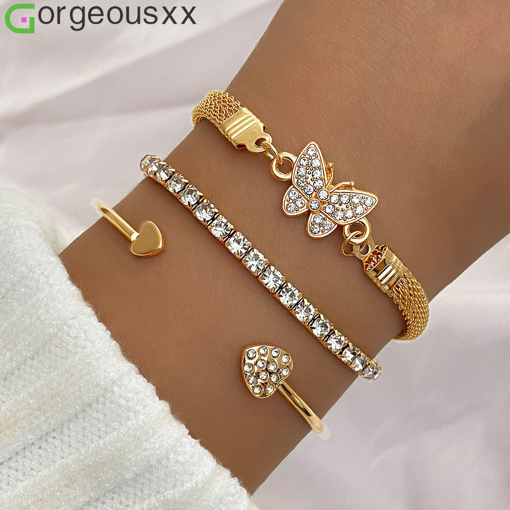 [Gorgeousxx] Conjunto De Pulseira De Luxo Brilhante Borboleta Amor Coração Para Mulheres Retrô Pulseiras Douradas Joias