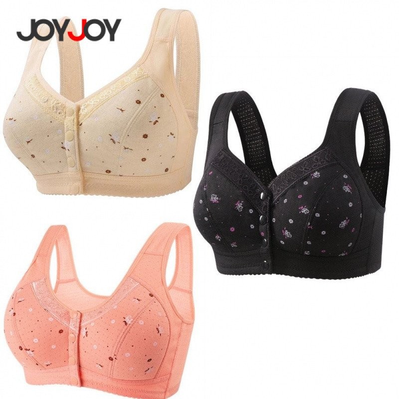 Joyjoy 3pcs Lingerie Feminina Plus Size Sutiã de Algodão Sem Fio com Botões de Renda Frontais Impressão de Borda