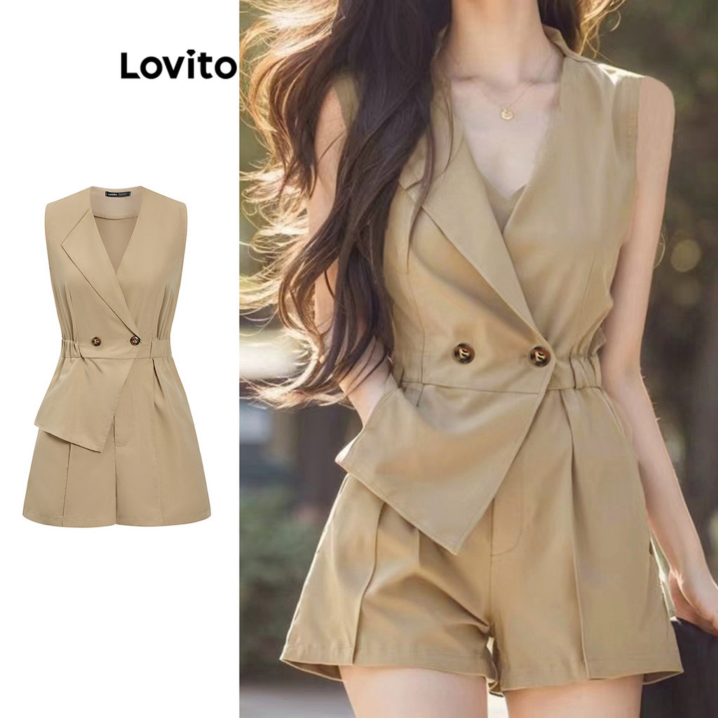 Lovito Macacão Elegante Falso 2 Em 1 Botão Verão/Primavera Macacão Para Mulheres L105MD568 - Women Clothes