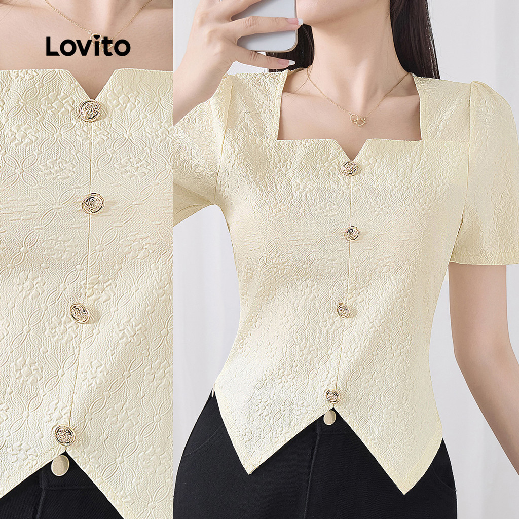 Lovito Blusa Casual Lisa Com Botão Frontal Dividido Para Mulheres L132ED035 - Women Clothes