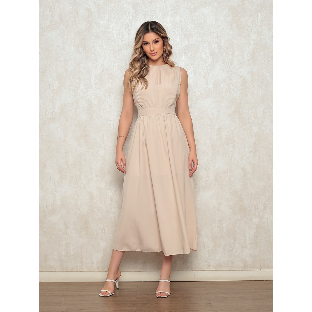 Vestido Feminino em Crepinho - Elegante e Sofisticado, Cintura Marcada e Saia Solta - Eventos Formais e Casuais em Oferta na Shopee