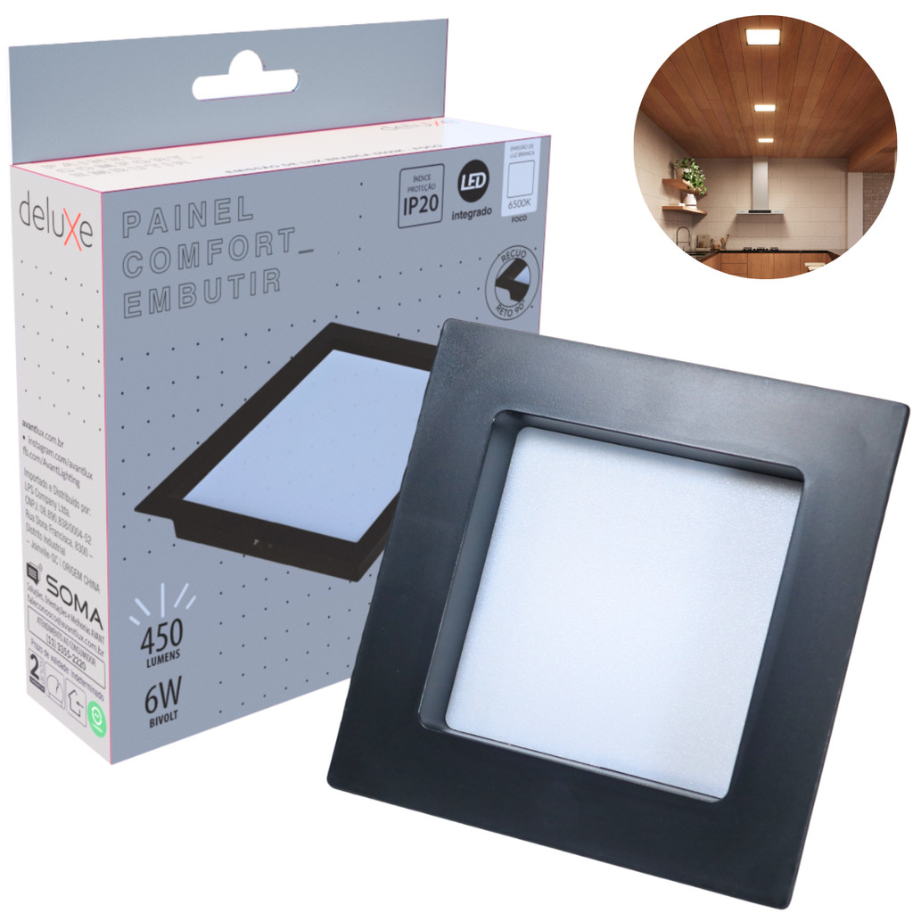 Painel Led Recuado 6w Quadrado 6500k Comfort Branco Frio 12cm 110V/220V Bivolt Preto Fosco Cód: 908151372 - Deluxe - Home & Living