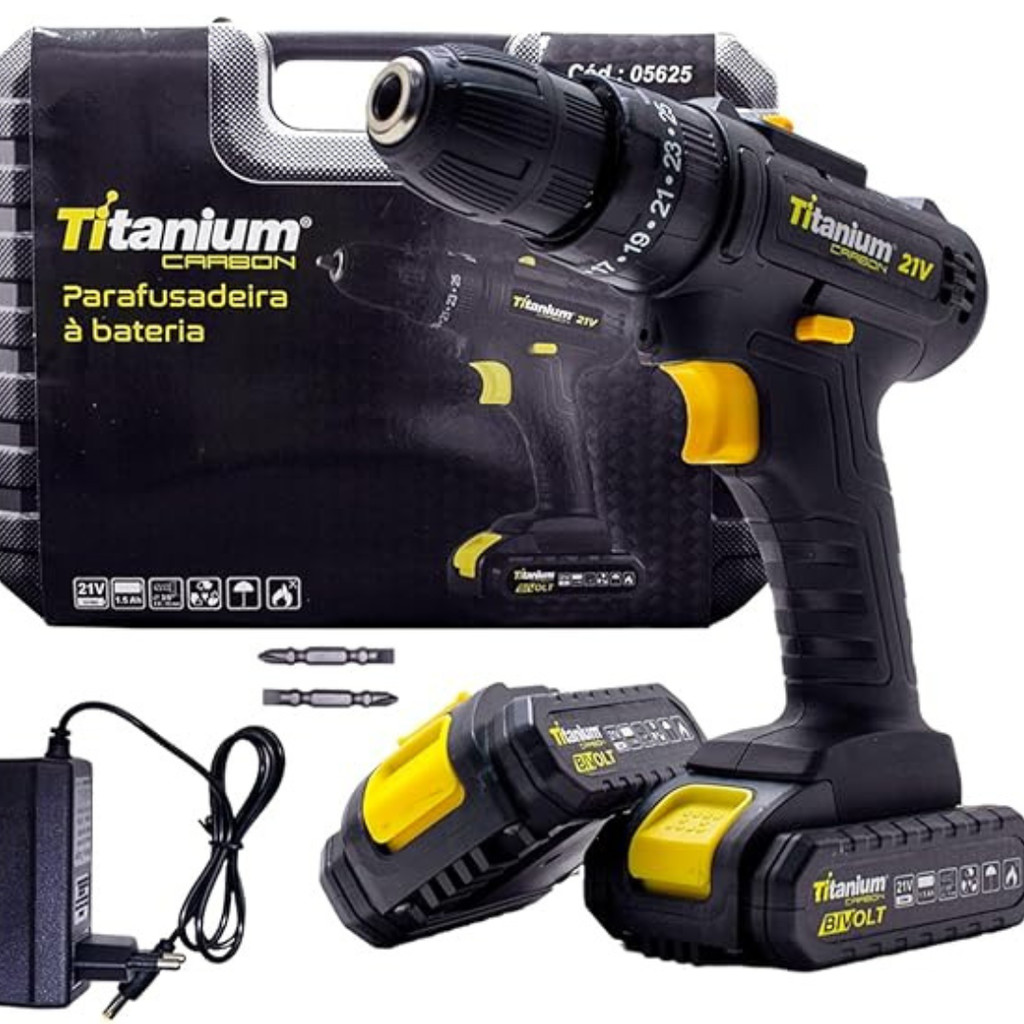 Parafusadeira a Bateria Carbon 2 Baterias C/ Maleta Titanium em Oferta na Shopee