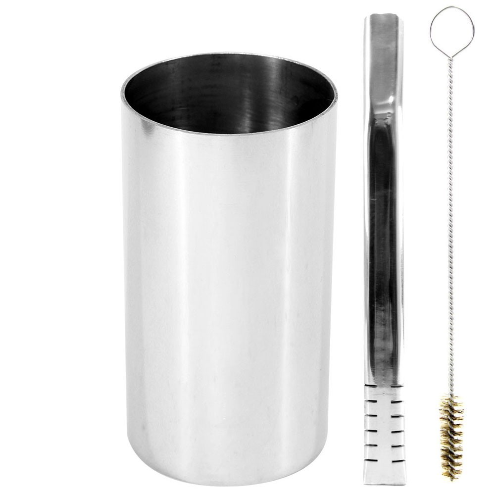 Kit Bomba e Copo de Terere Redondo 19cm Aço Inox Lisa Prata Filete