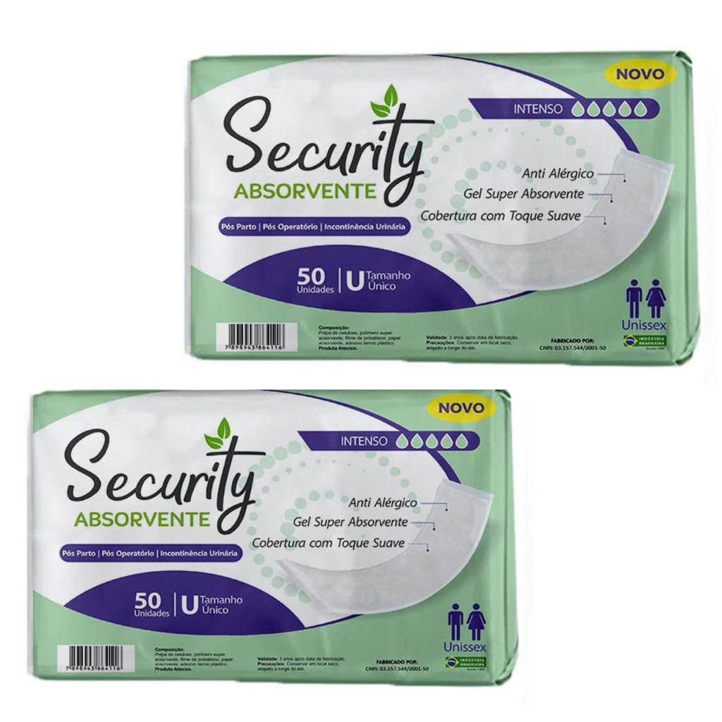 Kit 2 Absorvente Geriátrico Pós Operatório Incontinência Security - 50 Unidades Total 100 Unidades