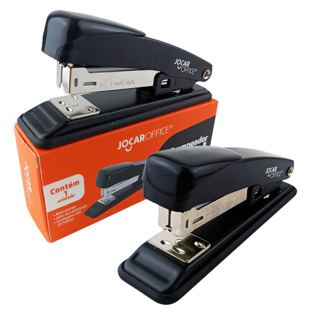 Kit 2 Grampeadores Metal Preto 25 Folhas 11,5cm Escola Escritório Home Office Papelaria