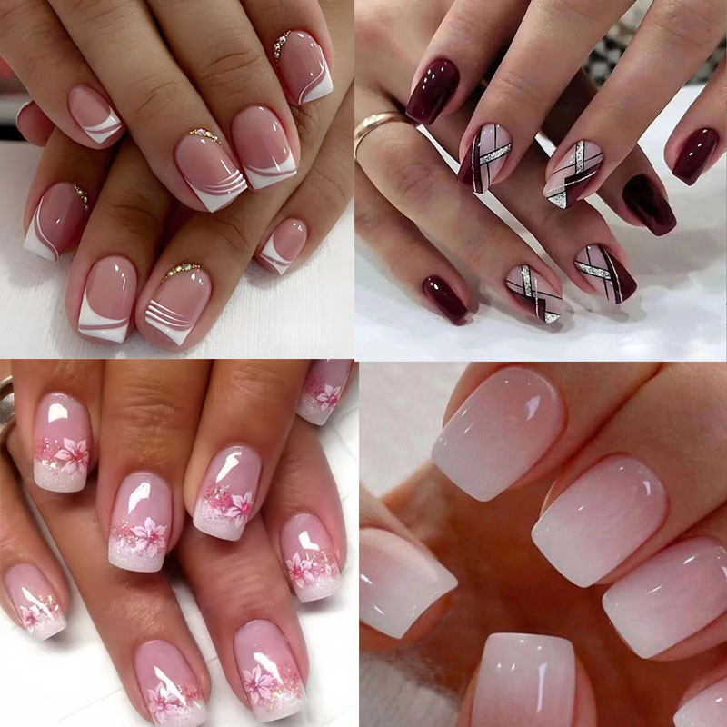 24 piece unha postiça realistaa quadrada decorada curtas luxo francesinha com cola unhas postiças decoradas