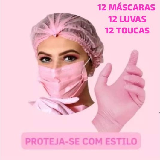 Kits Luvas Máscaras e Toucas Rosa e Preta com 12 Unidades de Cada Segurança Proteção Mãos Resistente