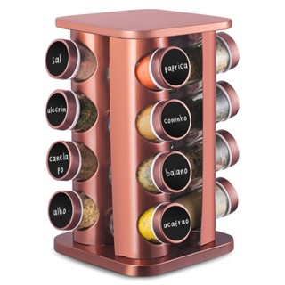 Porta Temperos Condimento Giratorio Aço Inox 16 potes Vidro Quadrado Inox Gold Rose em Oferta na Shopee