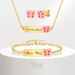 Vnox Borboleta Flores Pulseira Colar Brinco Conjunto , De Jóias Gravadas Personalizadas Para Crianças Não Manchar