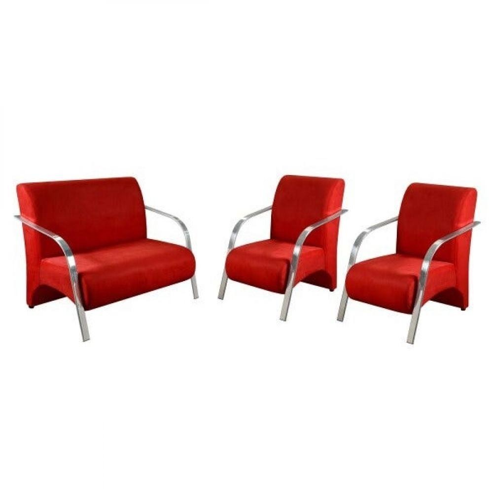 Kit 3 Peças Poltrona Braço Alumínio Suede Vermelho