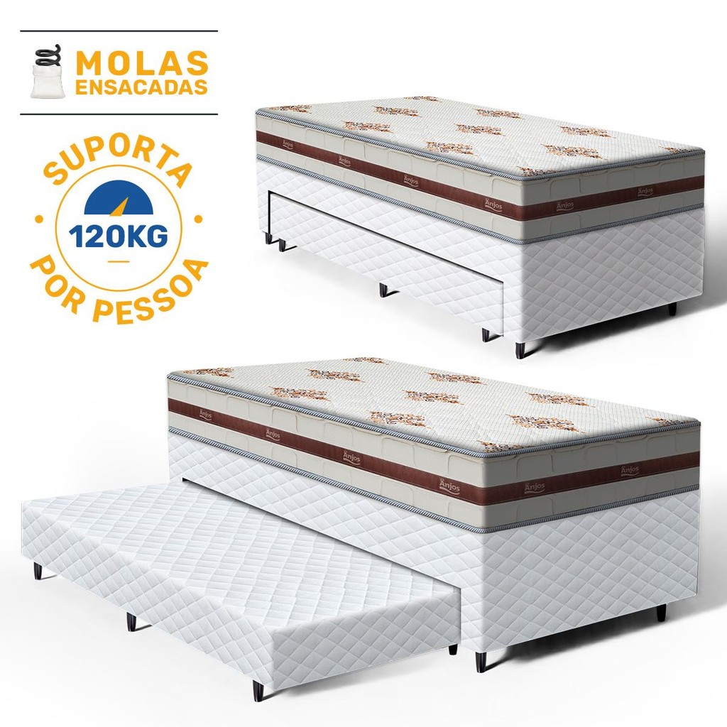 Cama Box com Colchao de Molas Ensacadas Anjos Classic + Auxiliar de Espuma Unique Solteiro 88cm em Oferta na Shopee