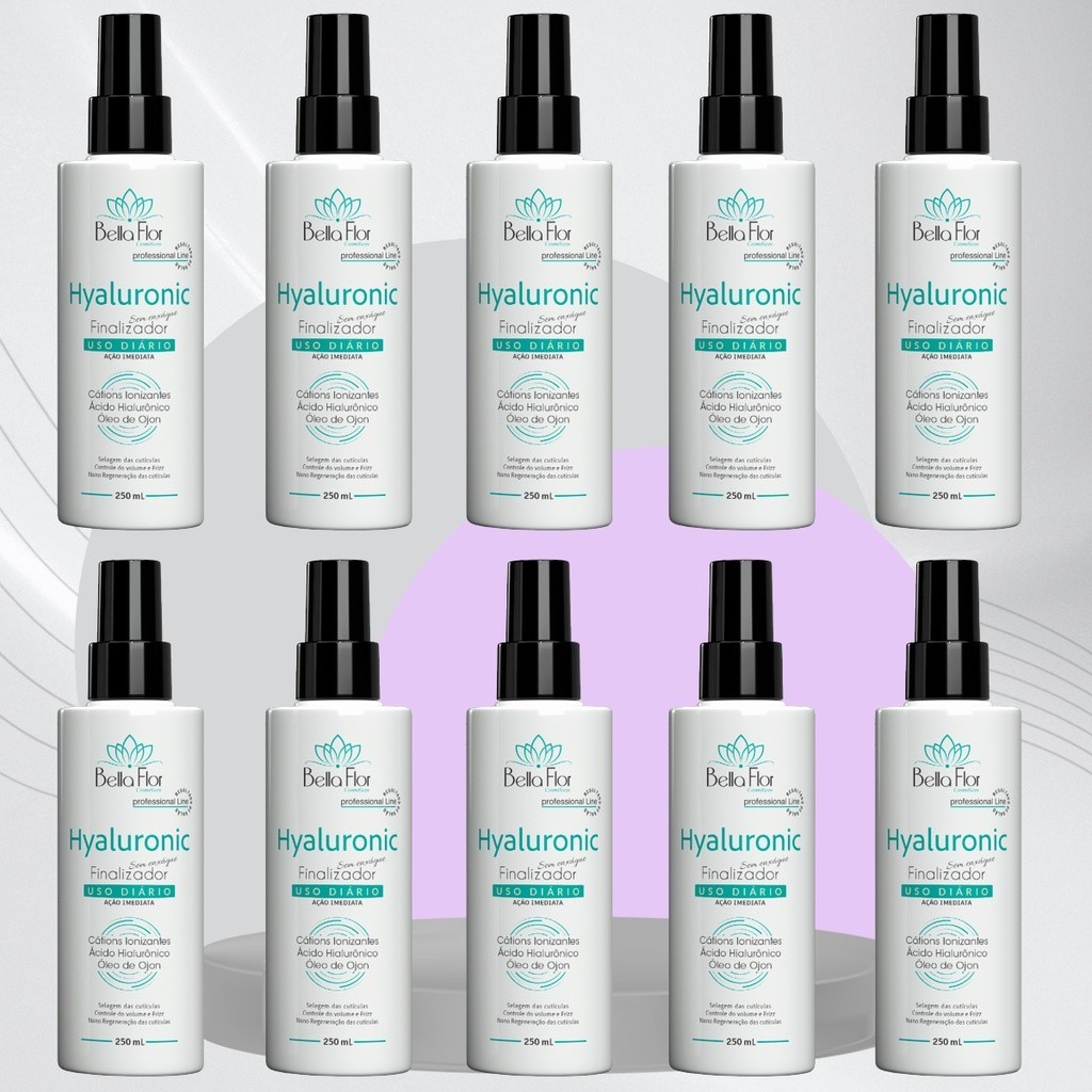 Kit 10 Spray Finalizador Hyaluronic 250ml Reparador Anti-Frizz Sem Enxágue Bella Flor Controle de Volume Uso Diário