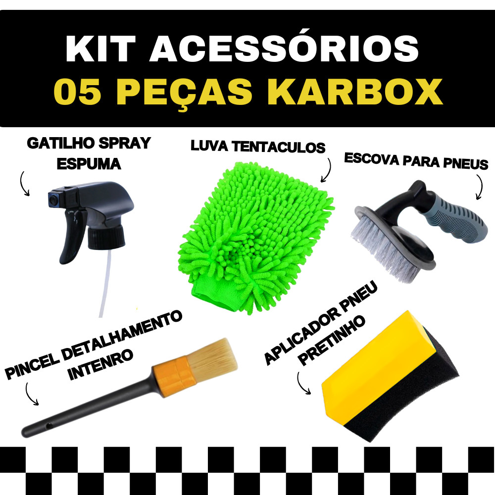 Kit Limpeza Estética Automotiva Acessório Karbox Gatilho Spray Luva Microfibra Escova Pneu Pincel Detalhamento Aplicador