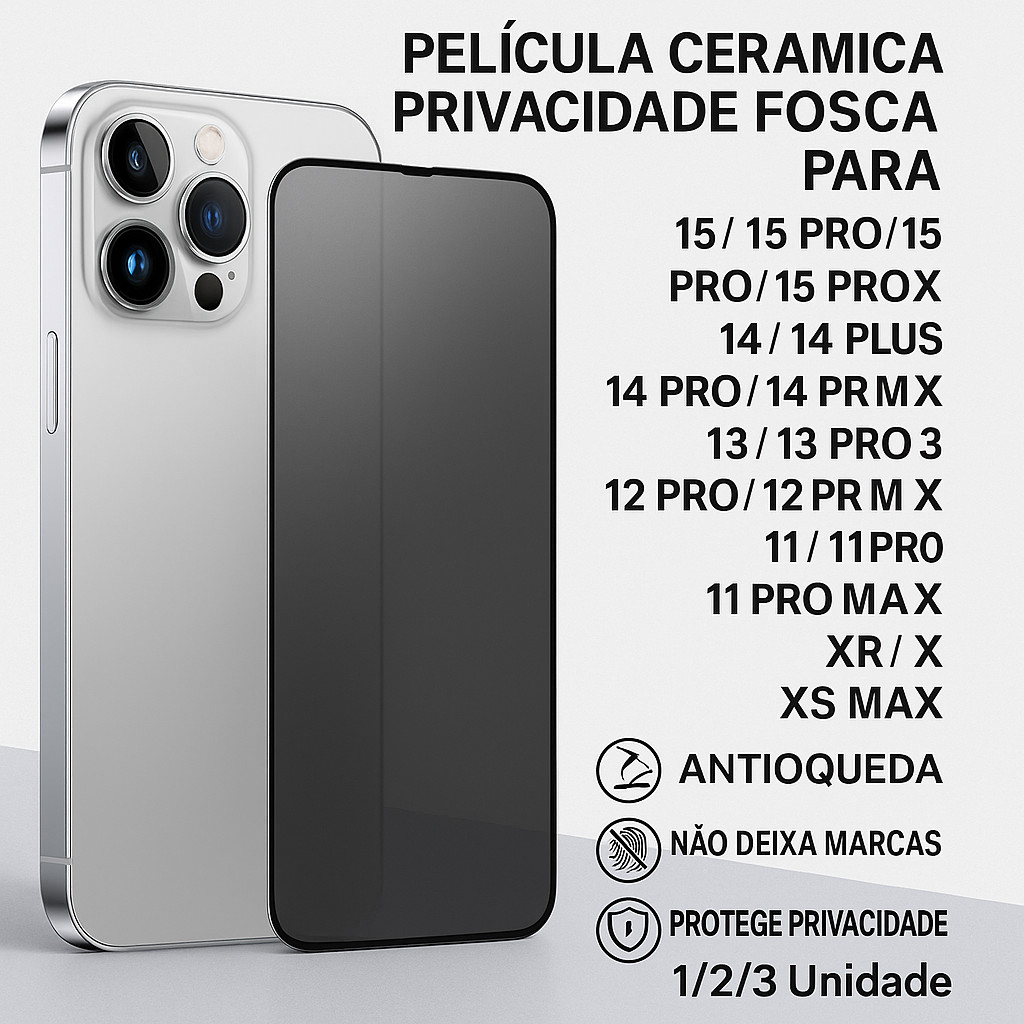 Película Cerâmica Fosca Privacidade iPhone 6 Plus ao 15 Pro Max - Anti-Espião, Toque Suave