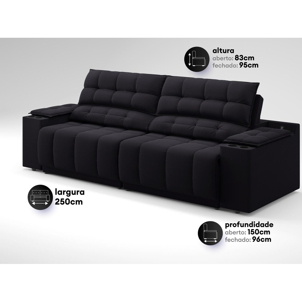 Sofá com Porta Copos Carregador USB Ret Rec Samurai 2,50m Velosuede Preto - NETSOFAS · foto 2
