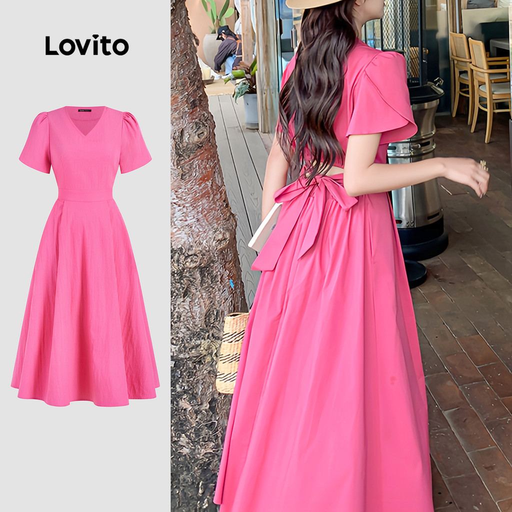 Lovito Vestido Casual liso com laço nas costas plissado para mulheres L132AD980 - Women Clothes