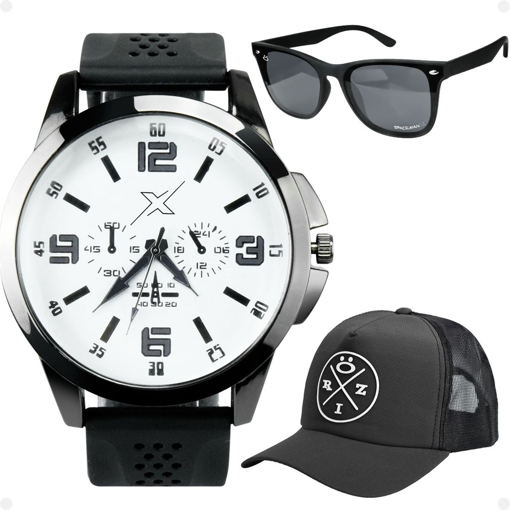 relogio masculino aço inox qualidade premium + oculos uv + boné preto social mostrador branco casual