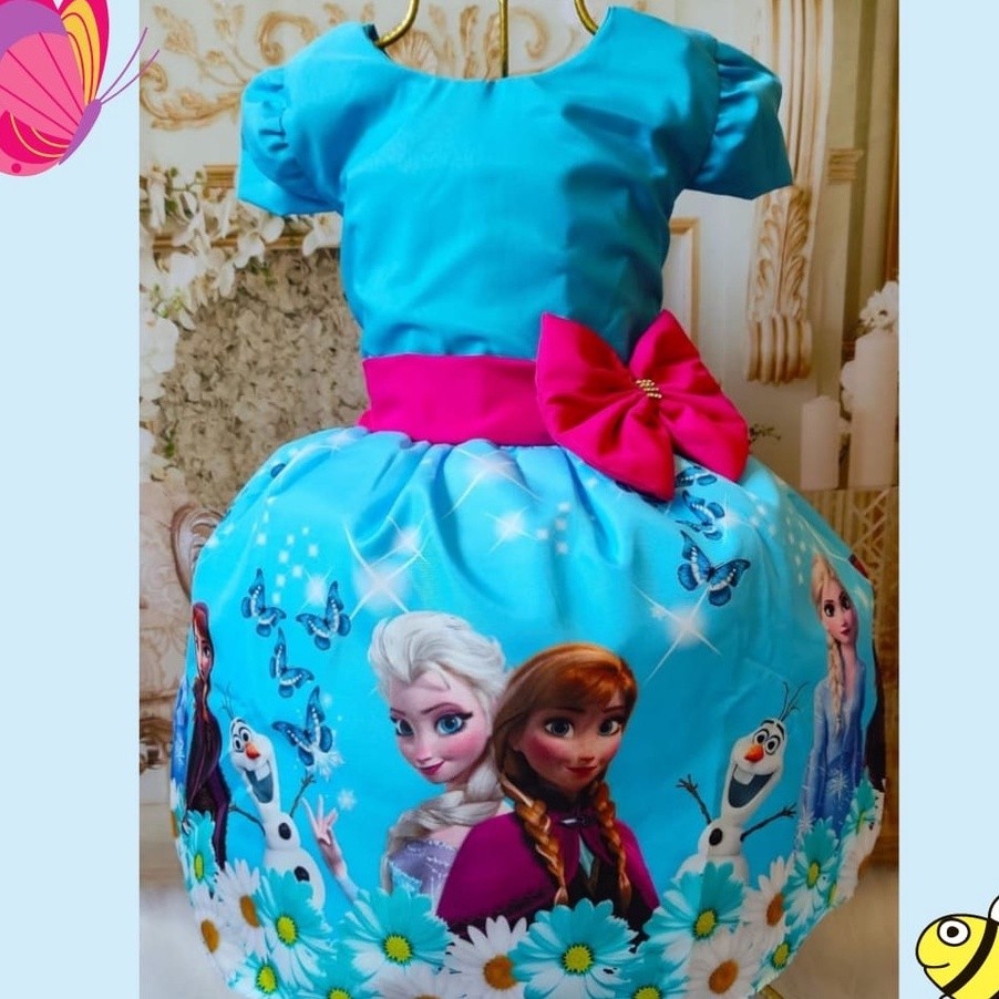 VESTIDO LUXO TEMÁTICO COM SAIOTE TULE RODADO BEM ARMADO PARA FESTA INFANTIL TEMA FROZEN (PRONTA ENTREGA)