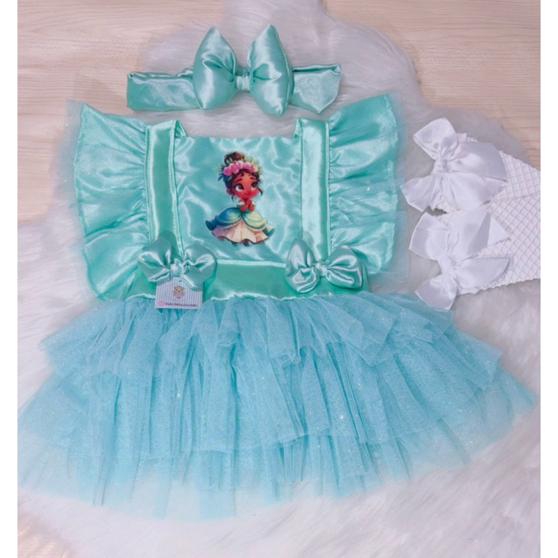 Romper Tiana Princesa e o Sapo Body Conjunto Blusa Camiseta Fantasia Vestido Salopete Infantil Bebê Menina
