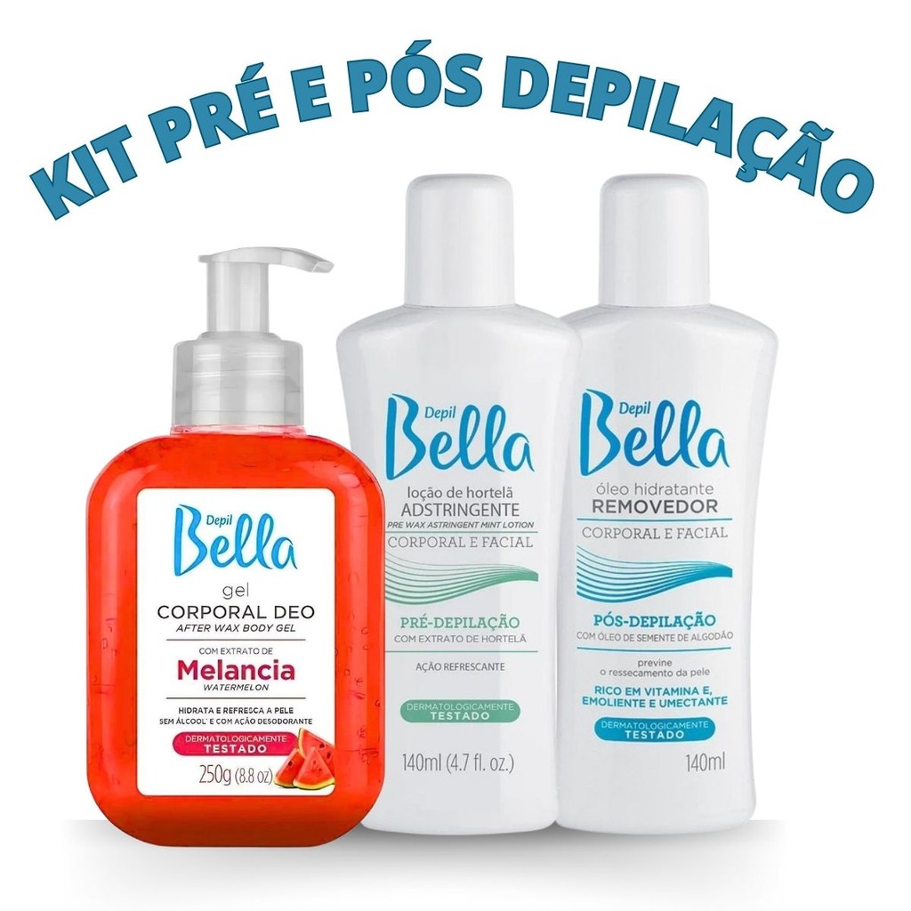 Kit Pré E Pós Depilação Loção Adstringente Óleo Removedor E Gel Calmante Melancia Depil Bella