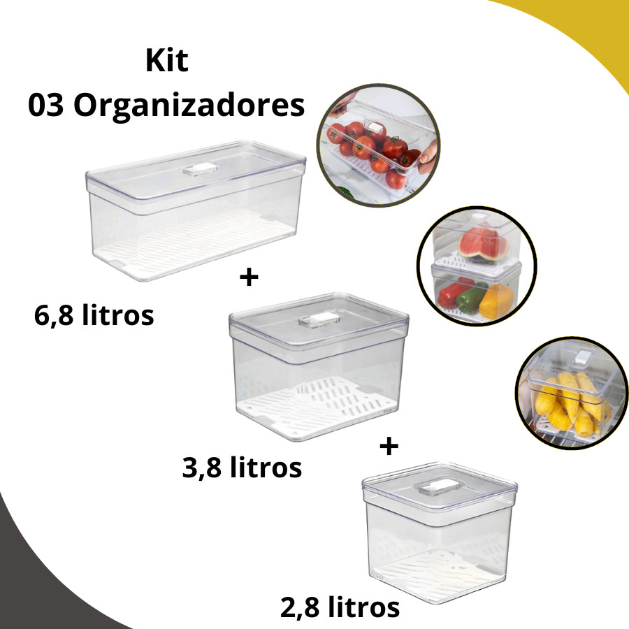 Kit 3 Organizadores de Geladeira 6,8 + 3,8 + 2,8 Litros Com Tela - Plastutti em Oferta na Shopee