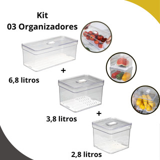 Kit 3 Organizadores de Geladeira 6,8 + 3,8 + 2,8 Litros Com Tela - Plastutti em Oferta na Shopee