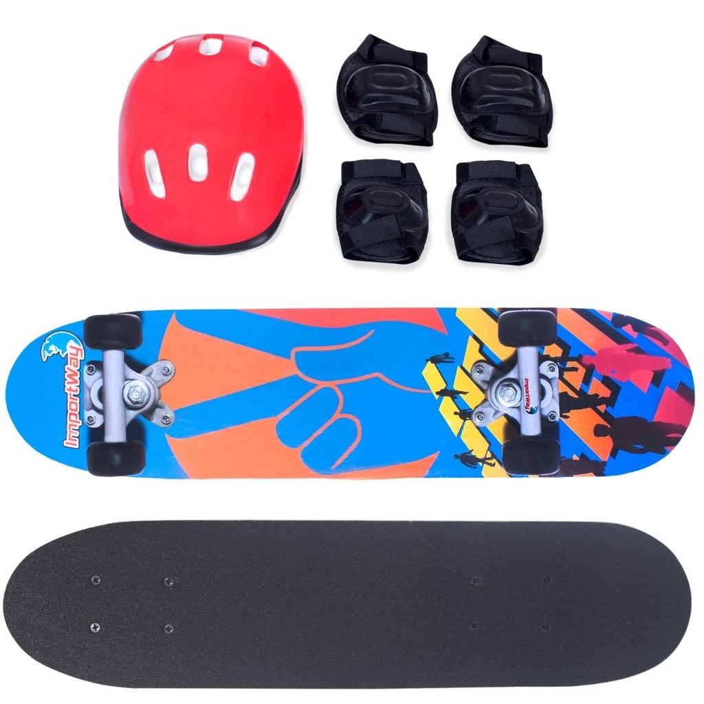 Skate Infantil Semi Profissional + Kit Equipamentos Segurança BW013 Shape Estampado Suporta até 50kg
