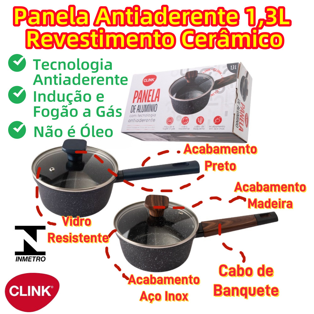 Panela Antiaderente 1,3L Com Tampa Revestimento Cerâmico Cabo Longo Inmetro 16x8CM Indução ou Fogão
