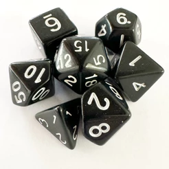 KIT 7 DADOS DICE PRETO OPACO CENTRAL JOGO TABULEIRO RPG MESA NÚMEROS BRANCOS D4 D6 D8 D10 % D12 D20