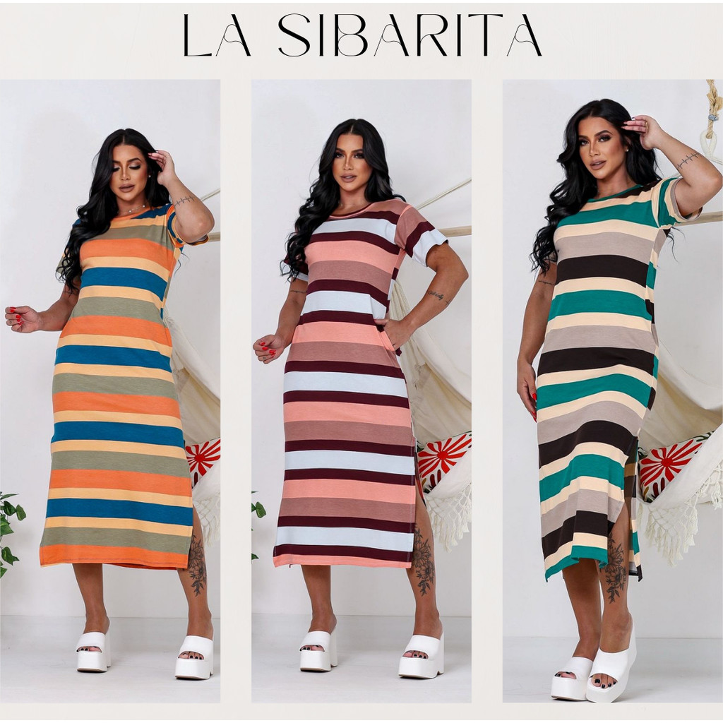 Vestido Longo Listrado em Viscolycra com Fenda | Estilo Casual e Despojado com Manga em Oferta na Shopee