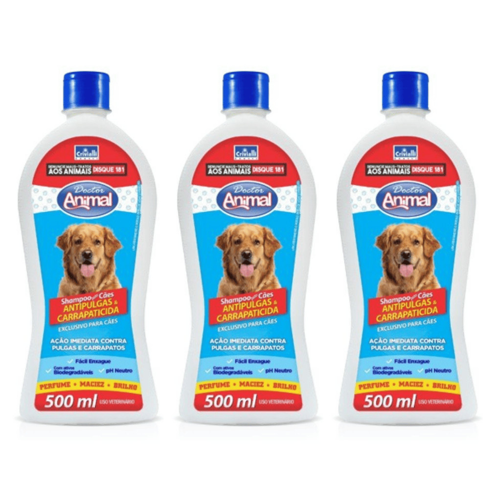 Kit com 3 Shampoo Doctor Animal Antipulgas E Carrapaticida Cães 500ml