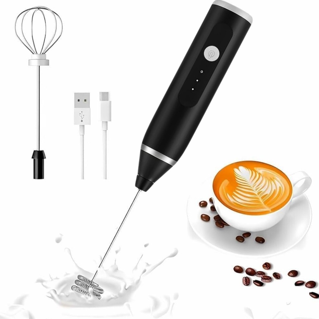 Mixer Elétrico Portátil 2 em 1 Batedor p/ Leite Ovos 3 Velocidades USB Tipo-C Espumador Recarregável Cozinha Utensílio