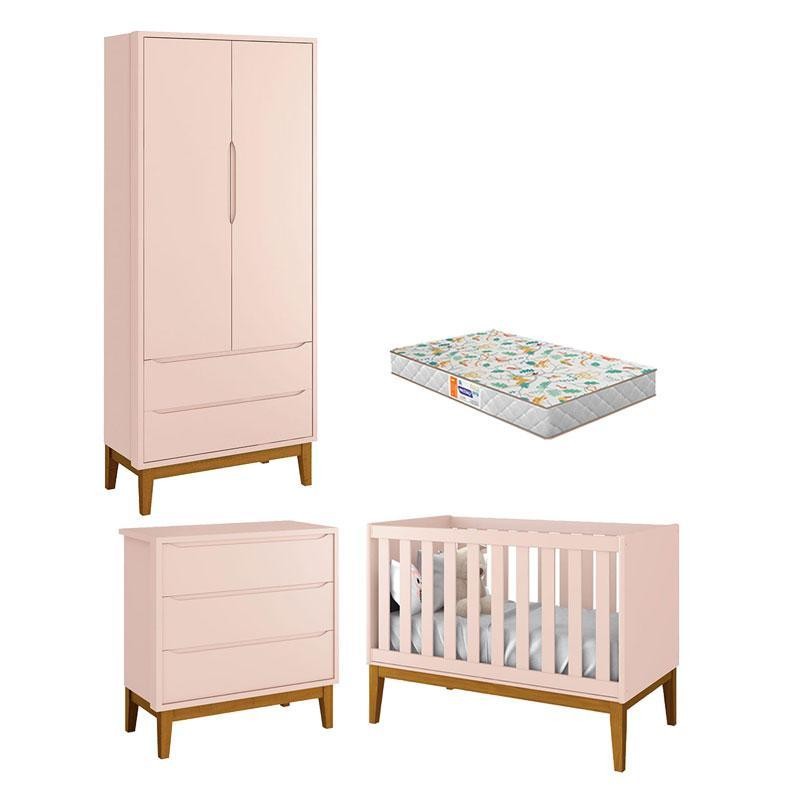 Quarto de Bebê 2 Portas e Cômoda Gaveteiro New Classic Rosa com Pés Madeira e Colchão Gazin – Reller