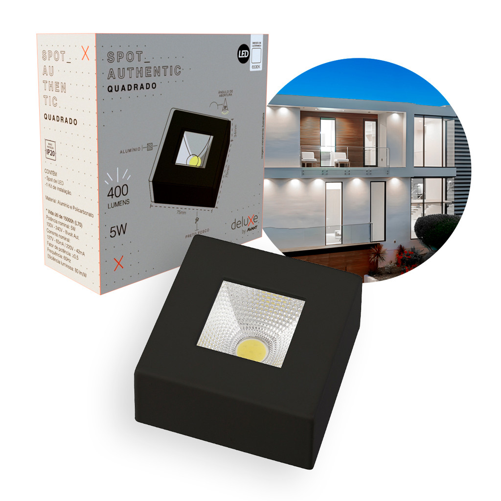 Spot Led Authentic Beiral de teto 5w 6500k Branco Frio 7.5cm Bivolt Quadrado Preto Cod: 907051376 Deluxe By Avant em Oferta na Shopee