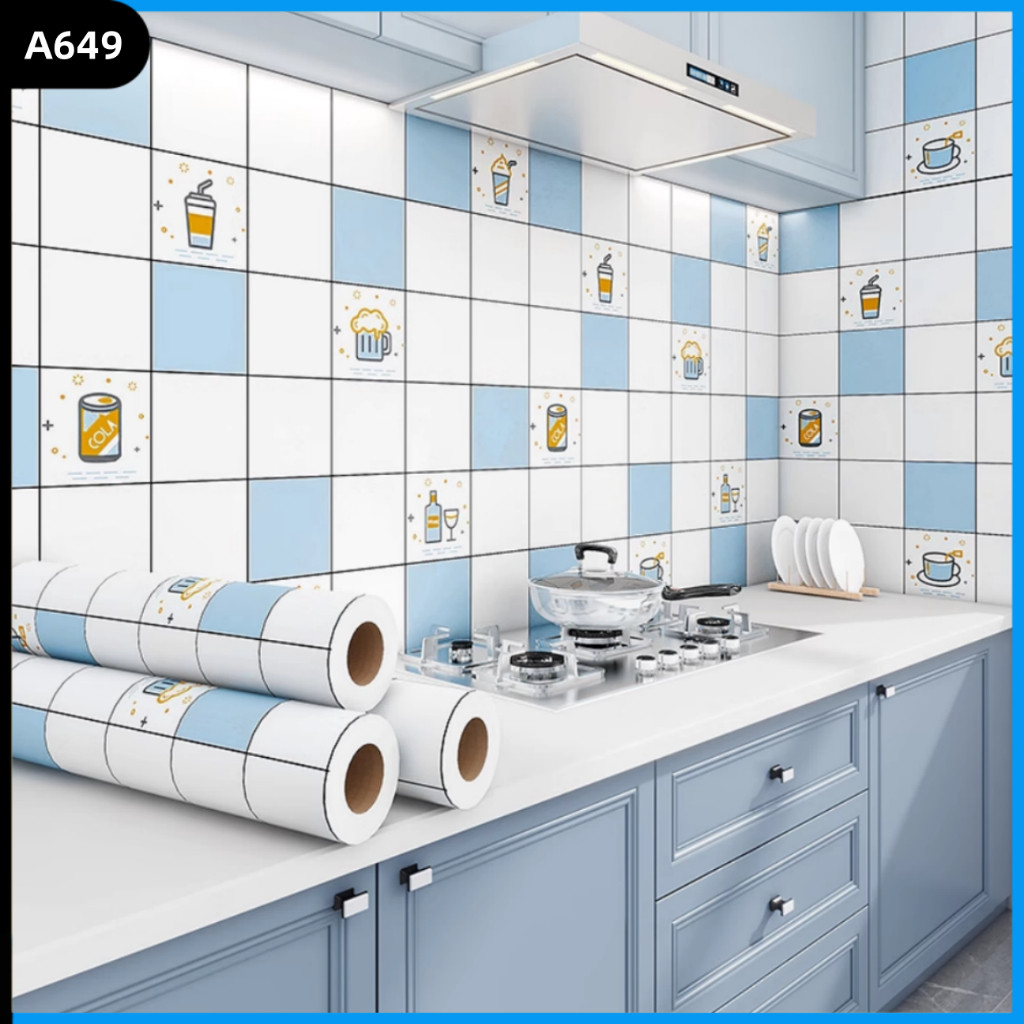 Papel De Parede Autoadesivo De Padrão De Sorvete De Café Xadrez Azul E Branco À Prova D'água E Óleo 5m X 60cm em Oferta na Shopee