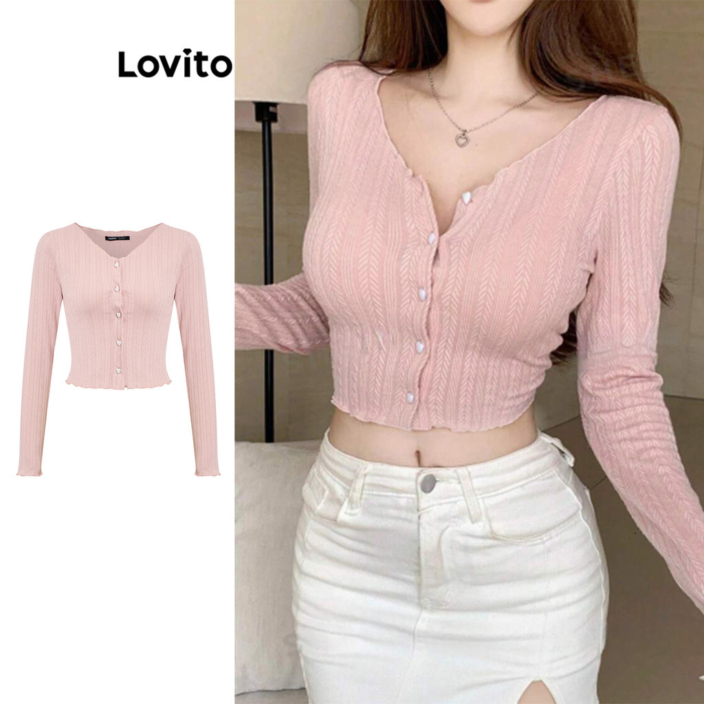 Lovito Camiseta Fofa Com Botão De Coração Liso E Frontal Para Mulheres L102AD112 - Women Clothes