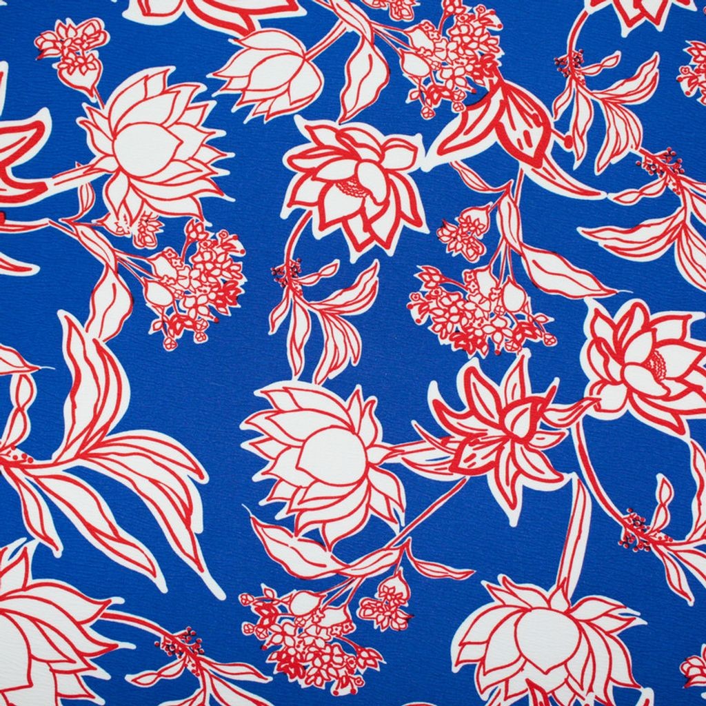 Crepe Larissa Estampado Flores Vermelhas Fundo Azul Vestido Feminino Blusa Feminino Roupas Femininas