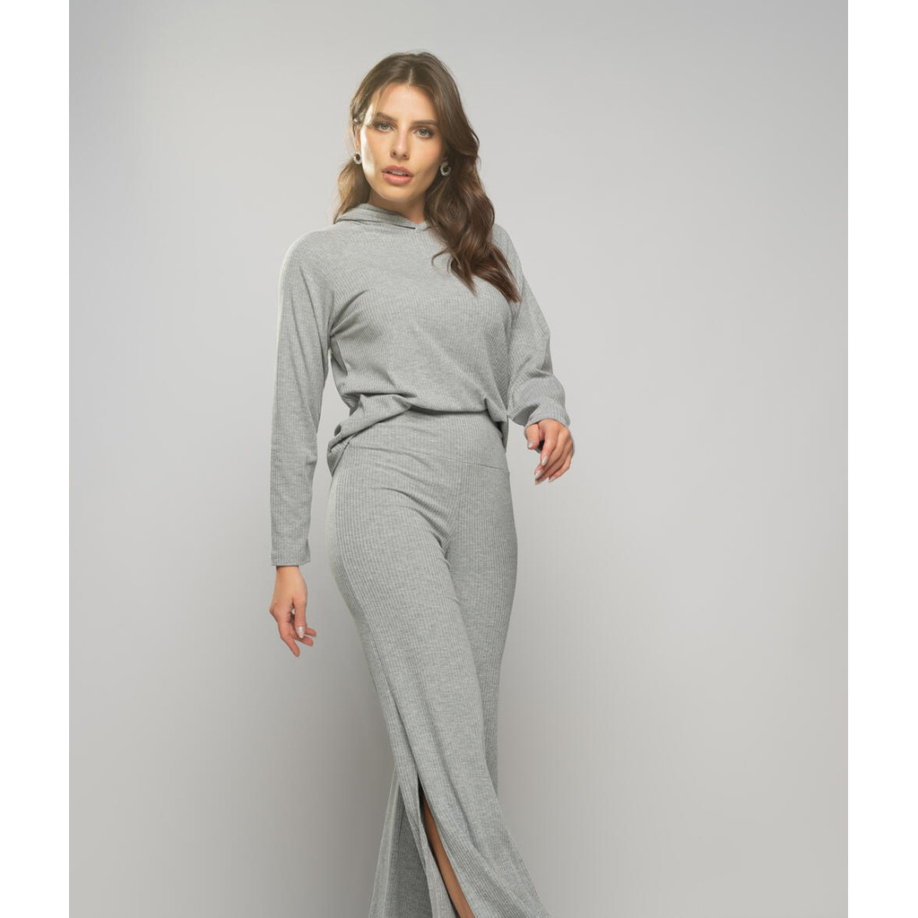 Conjunto Comfy Com Casaco E Calça Flare Canelado Salvatore Fashion