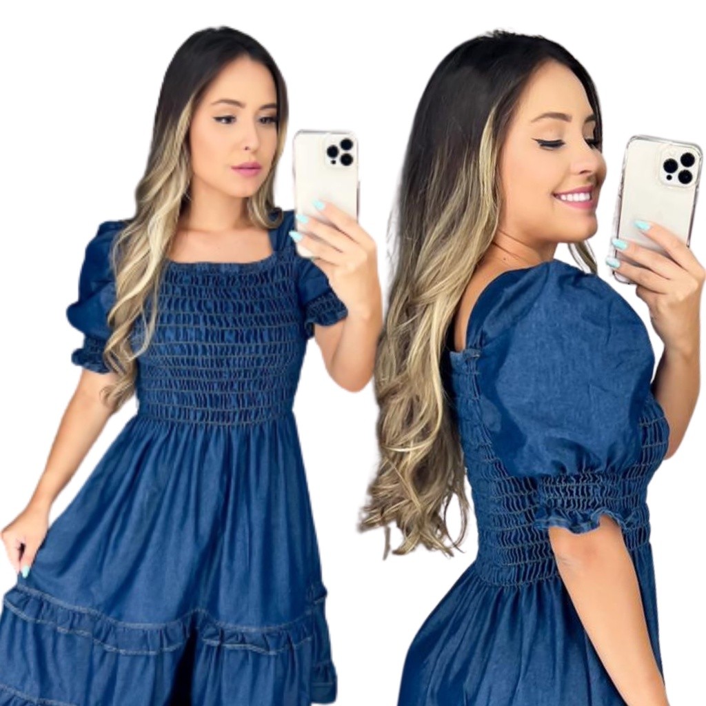 Vestido Jeans Curto Manga Lastex Ing em Oferta na Shopee