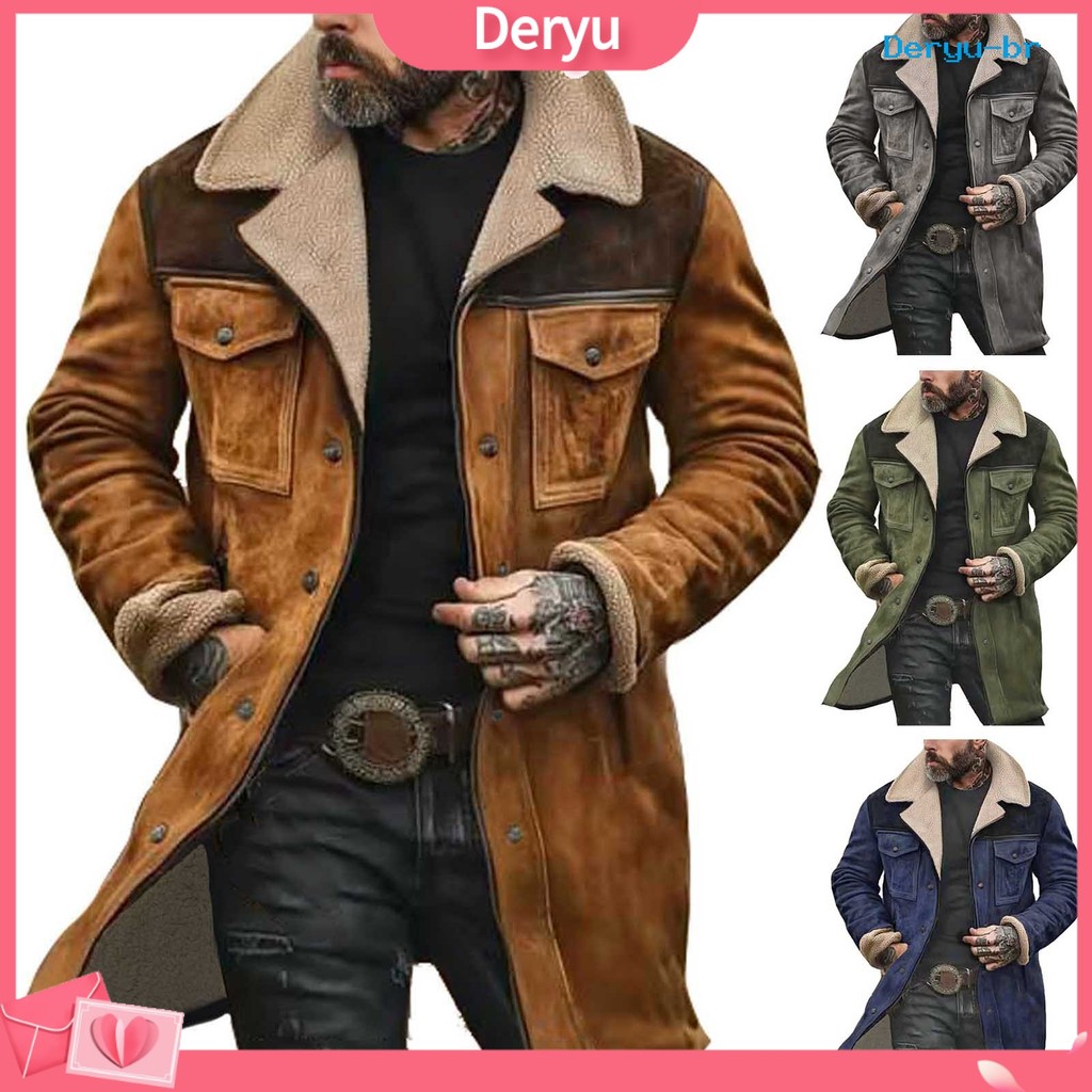 [deryu] Jaqueta Masculina Grande Lapela De Pelúcia Manga Comprida De Camurça Vintage Com Bolsos Zíper Casaco De Motocicl
