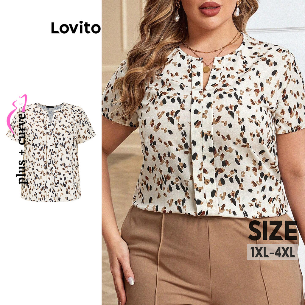 Lovito Blusa Curva Plus Size Casual Ditsy Floral Padrão Blusa Básica Para Mulheres LBL17292 em Oferta na Shopee