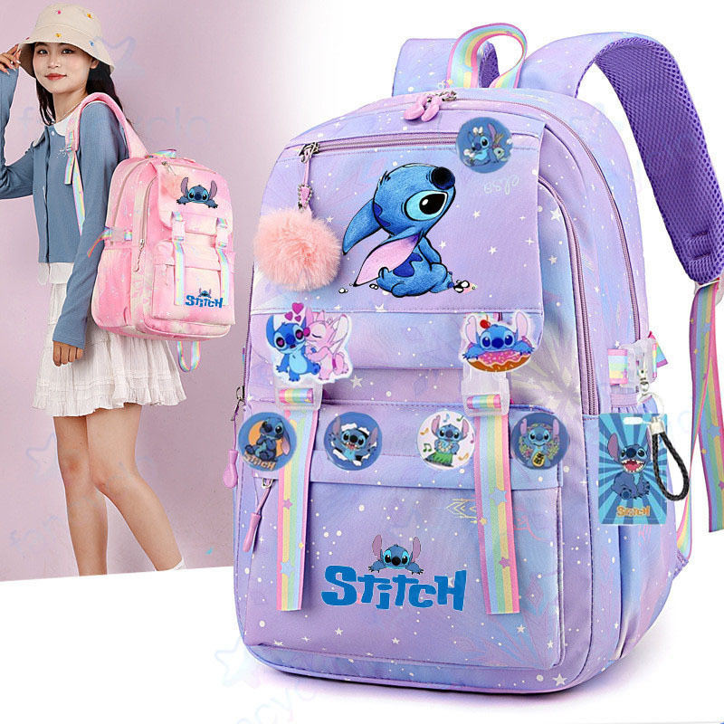 Mochila escolar feminina STITCH de grande capacidade para meninas e meninos/Bolsa de computador para estudante do ensino em Oferta na Shopee