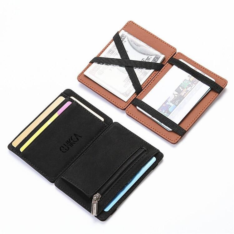 Ultra Fino Novos Homens Couro PU Macho Mini Carteira Mágica Pequena Com Zíper Bolsa De Moedas Plástica Porta-Cartões De
