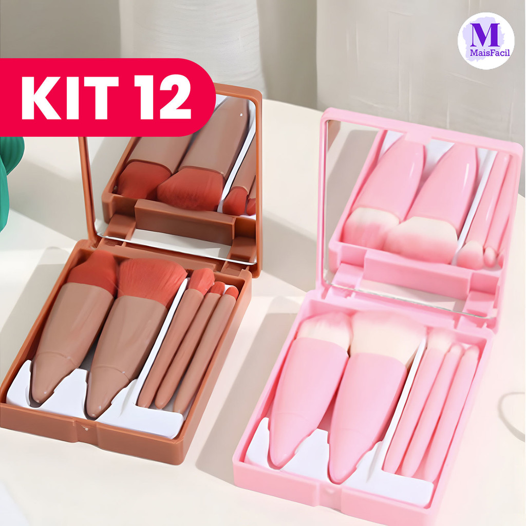 KIT 12 unidades Mini Espelho De Maquiagem Portátil Com 5 Pcs Pincéis Lupa De Maquiagem Mão Segurar Bolso Dobrável