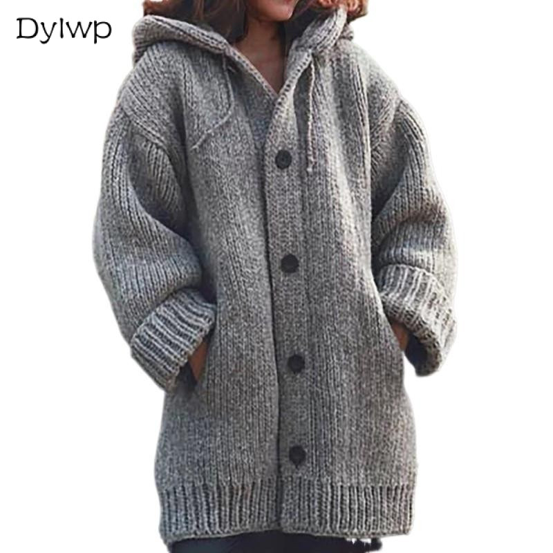 Casaco Longo De Malha Com Capuz Feminino Outono Inverno Manga Longa Cor Sólida Solto Gross...